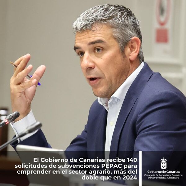 Representante del Gobierno de Canarias hablando en un acto, con texto sobre las 140 solicitudes de subvenciones PEPAC para el sector agrario en Canarias, duplicando las de 2024.