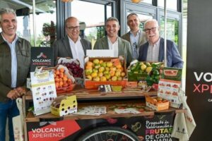 Cinco hombres sonrientes posan alrededor de un atractivo stand de mercado lleno de frutas frescas como naranjas, limones y uvas, con el logo 