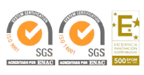 Logotipos de certificaciones ISO 9001 y ISO 14001 acreditadas por ENAC y sello de excelencia EFQM 500+, que representan estándares internacionales de calidad, gestión ambiental y excelencia empresarial.