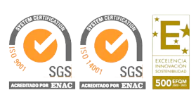 Logotipos de certificaciones ISO 9001 y ISO 14001 acreditadas por ENAC y sello de excelencia EFQM 500+, que representan estándares internacionales de calidad, gestión ambiental y excelencia empresarial.